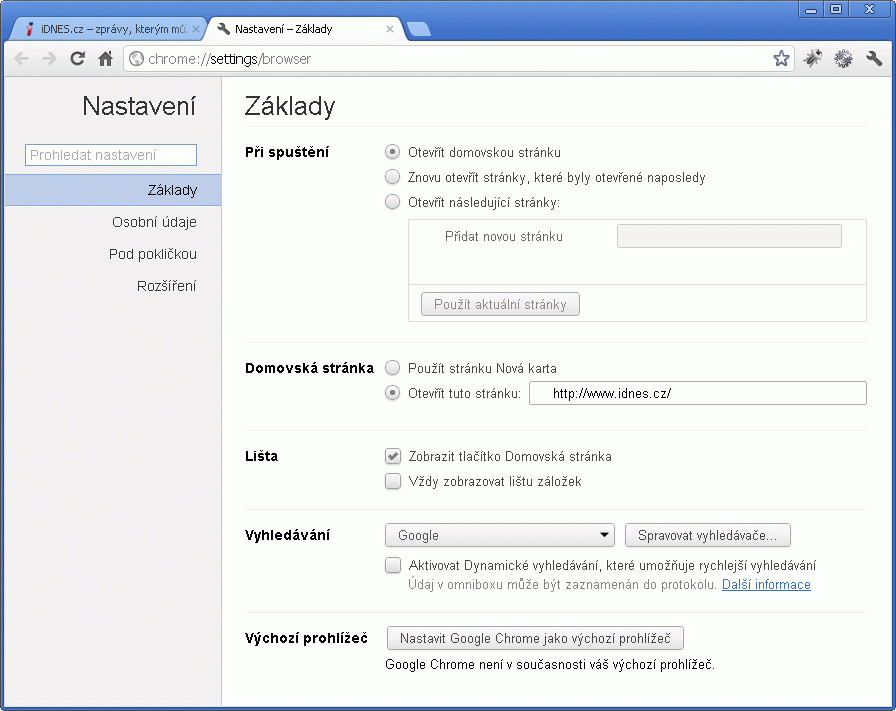 Jak nastavit iDNES.cz jako domovskou stránku - Chrome